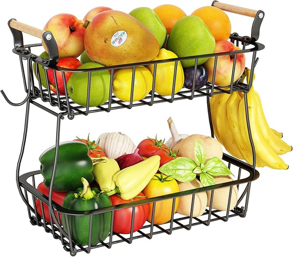 ANTOPY 2-Tier Fruit Basket with 2 Banana Hangers – Kitchen Counter Organizer